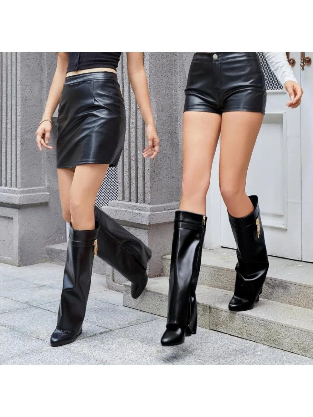 Women's Black Pointed Toe Wedge Heel Side Zipper Knee High Shark Boots